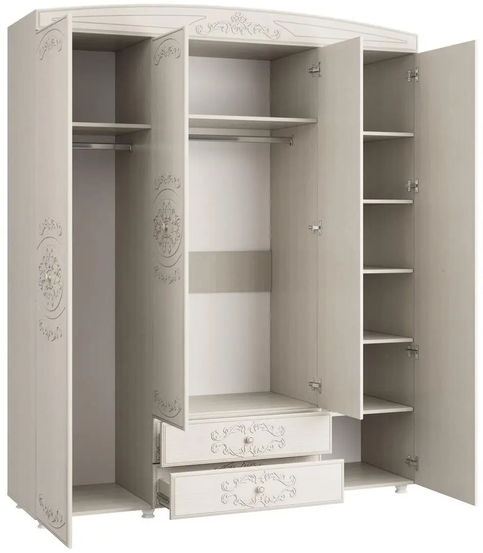 Шкаф Олмеко Каролина 4Д Патина/Вудлайн Кремовый/Сандал Белый (с зеркалом) - 4