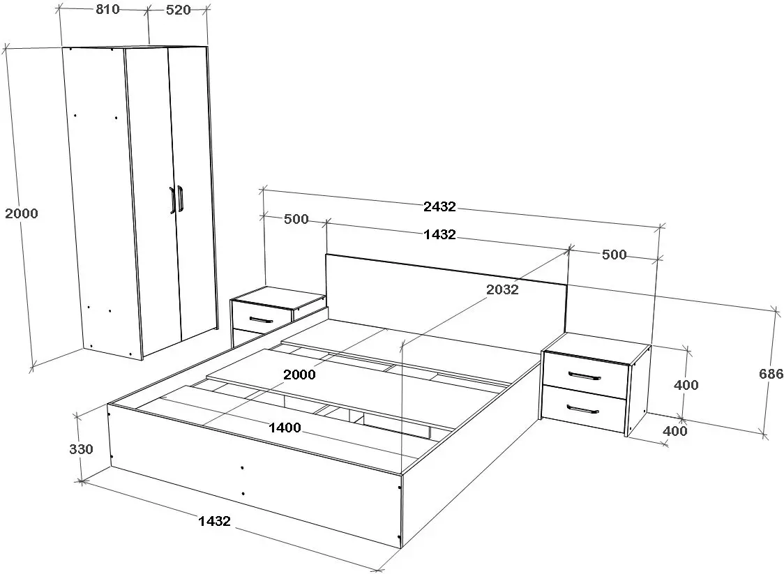 Спальня Haaus Malmo V1 140x200 (White Oak/Anthracite)