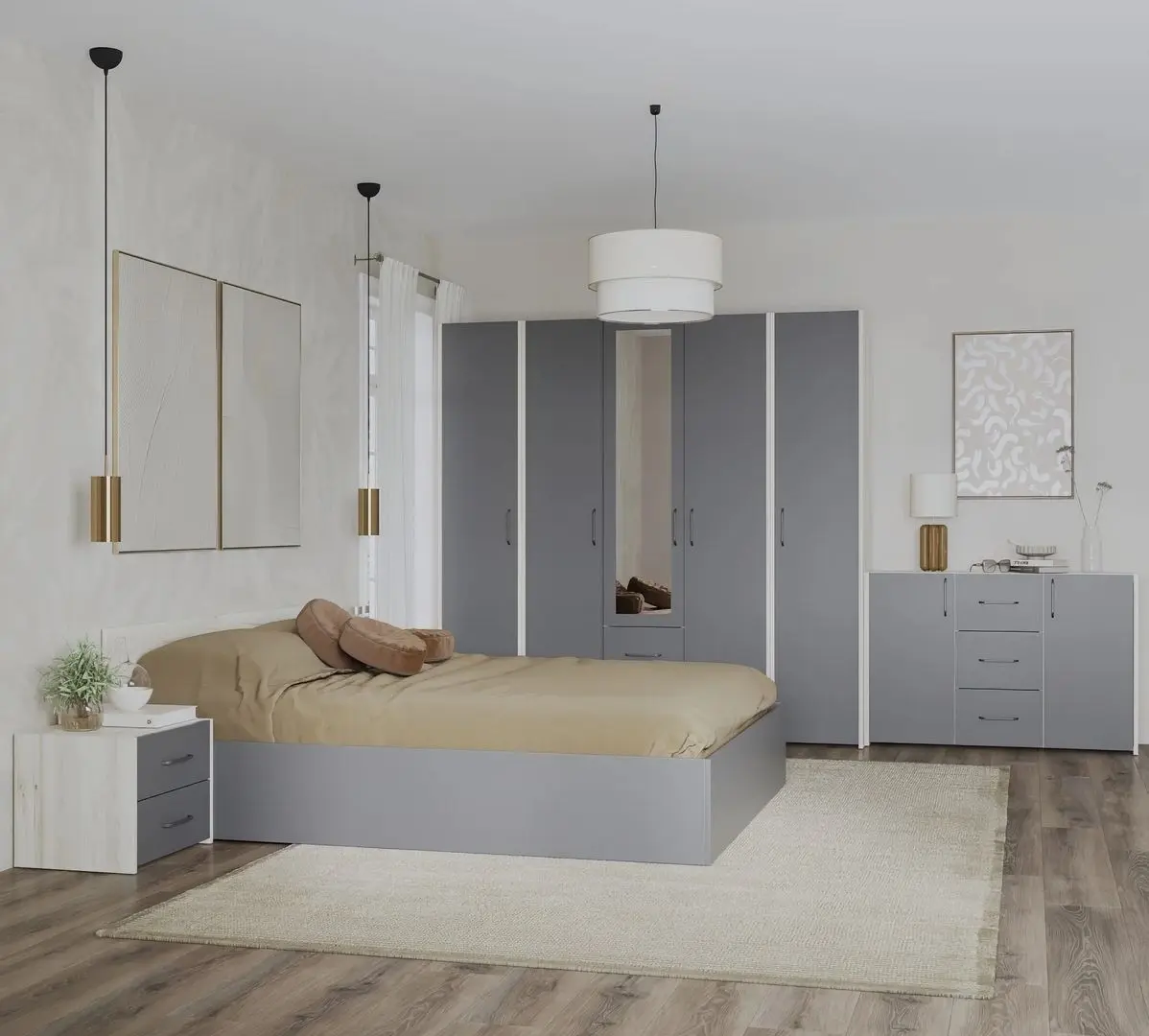 Dormitor Haaus Malmo V9 140x200 (White Oak/Anthracite)