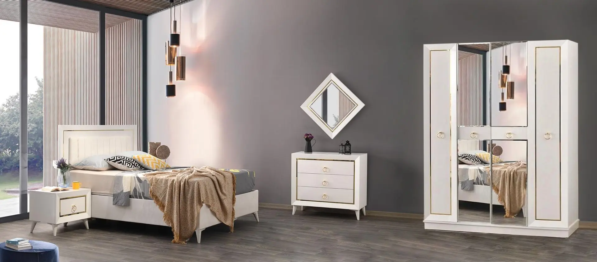 Dormitor Ideal Mobila Inci (White/Gold)