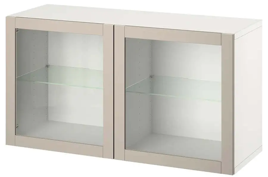 Dulap suspendat Ikea Besta sticla transparenta 120x42x64 (Alb Sindvik/Gri Deschis/Bej)