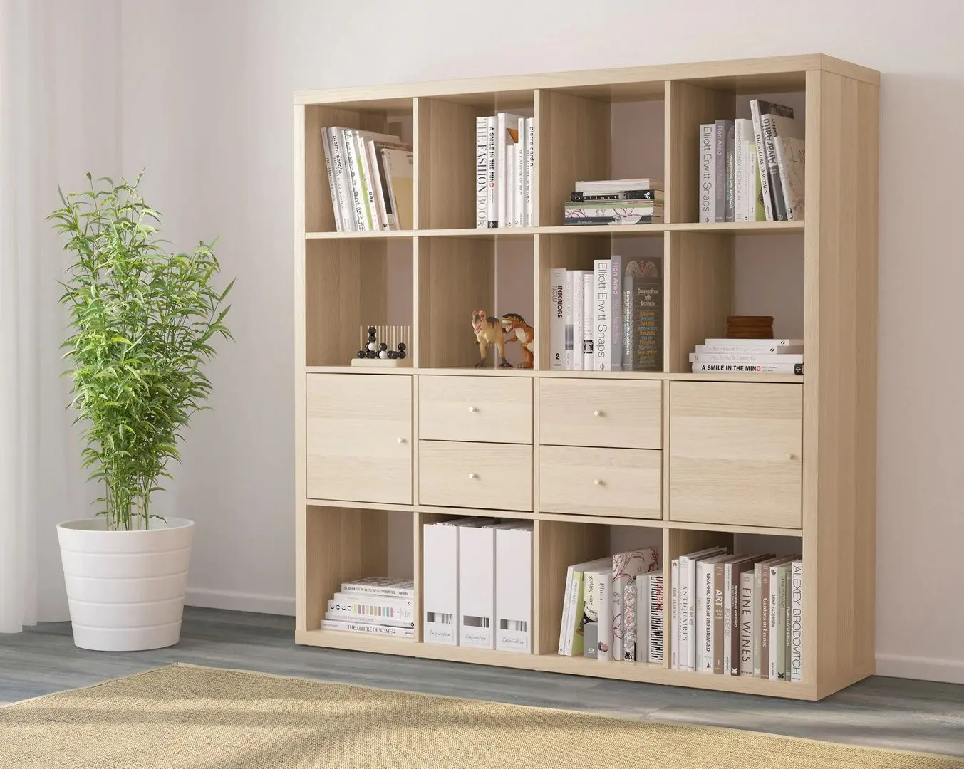 Etajera Ikea Kallax cu 4 organizatoare 147x147 (Aspect Stejar Antichizat)