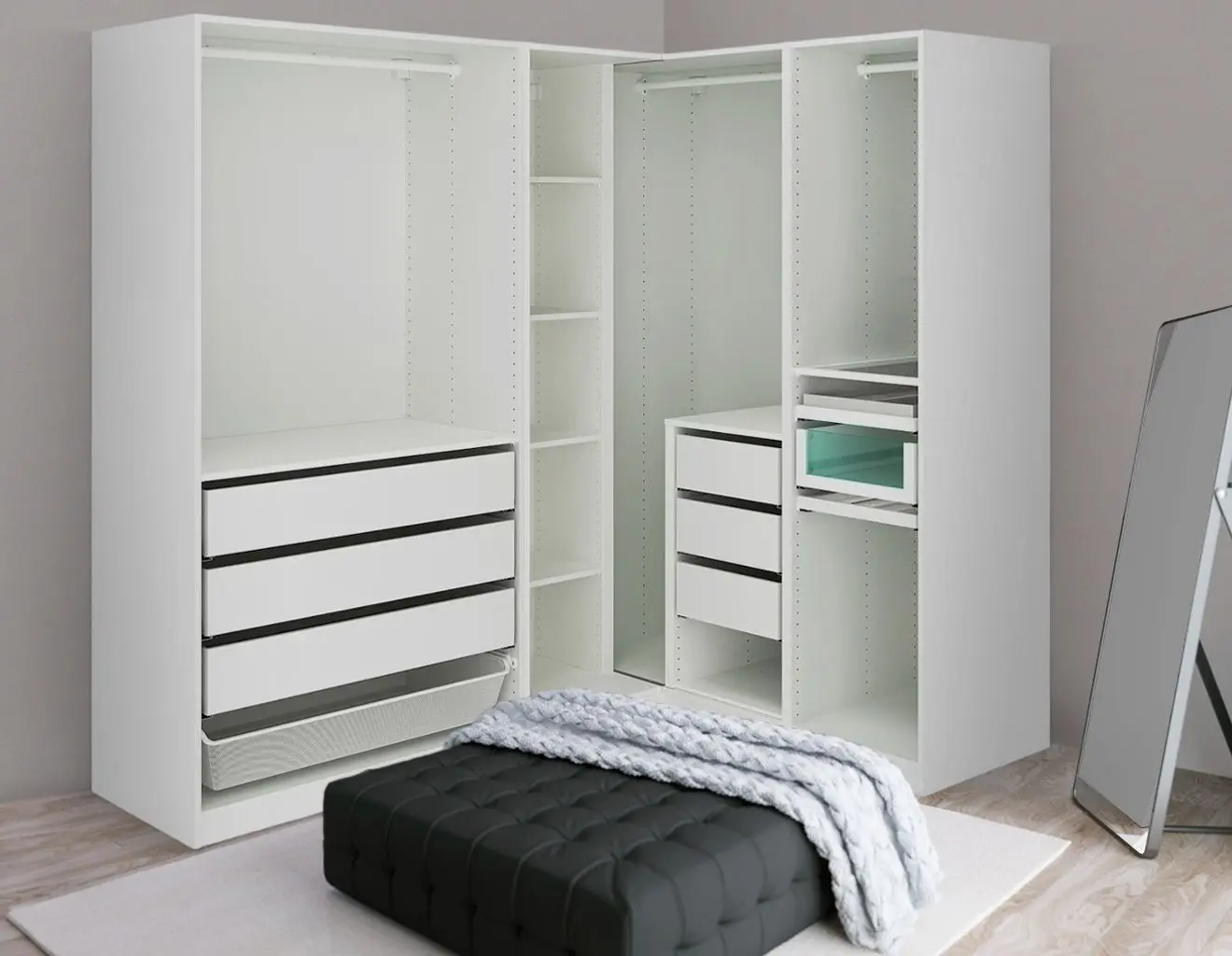 Sistem depozitare Ikea Pax rafturi/bare/sertare/cos 210/160x201 (Alb)