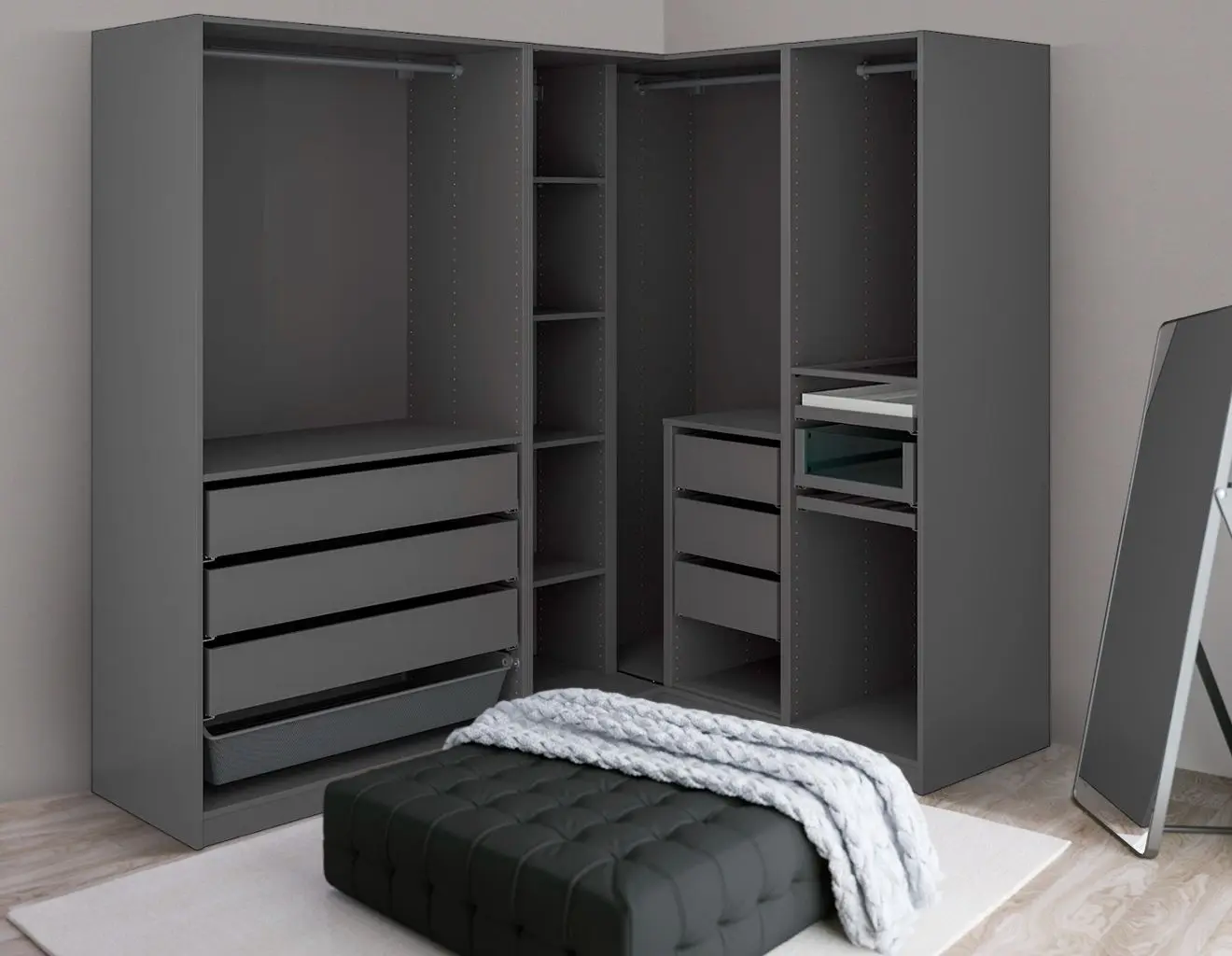 Sistem depozitare Ikea Pax rafturi/bare/sertare/cos 210/160x201 (Gri inchis)