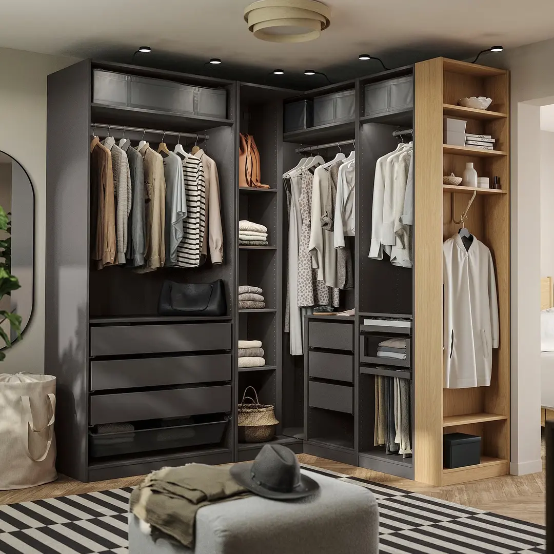 Система хранения Ikea Pax полки/штанги/ящики/корзина/стеллаж 210/180x236 (Тёмно-серый/Имитация Дуба)