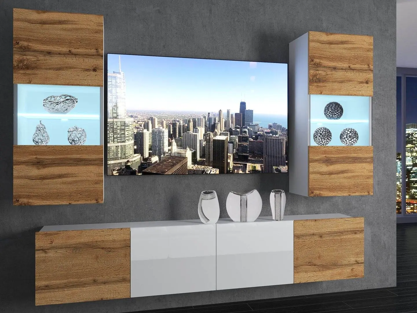 Гостиная Belini Imperium IMP 7/5/W/DWDWW/0/0 2.0m (Wotan Oak/White High Gloss)