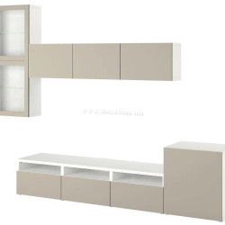 Living Ikea Besta 300x42x211 usi sticla (Alb Lappviken/Gri deschis-bej sticlă transparentă)