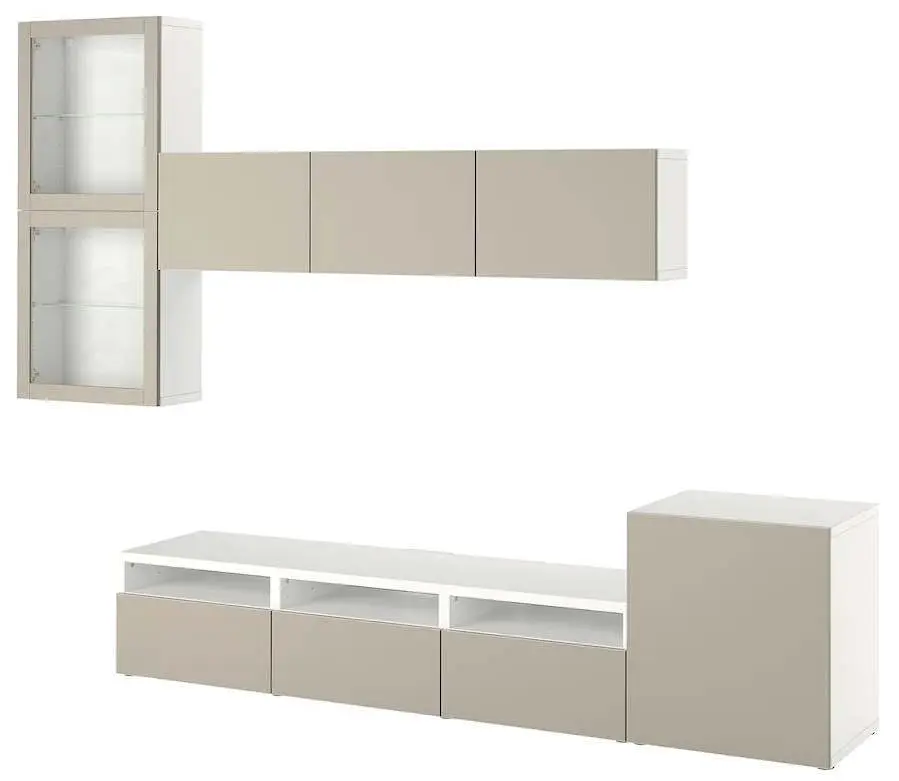 Living Ikea Besta 300x42x211 usi sticla (Alb Lappviken/Gri deschis-bej sticlă transparentă)
