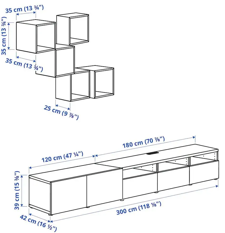 Living Ikea Besta/Eket 300x42x210 (Alb/Aspect stejar antichizat)
