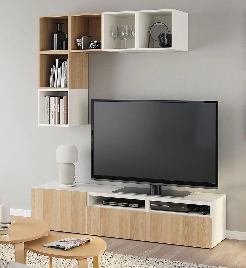 Living Ikea Besta/Eket glisiera sertar cu sistem apasare 180x42x170 (Alb/Aspect Stejar Antichizat)