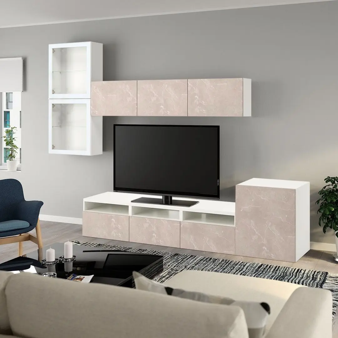 Гостиная Ikea Besta/Glassvik/Bergsviken стеклянные дверцы/нажимные направляющие 300x42x211 (Белый/Бежевый)