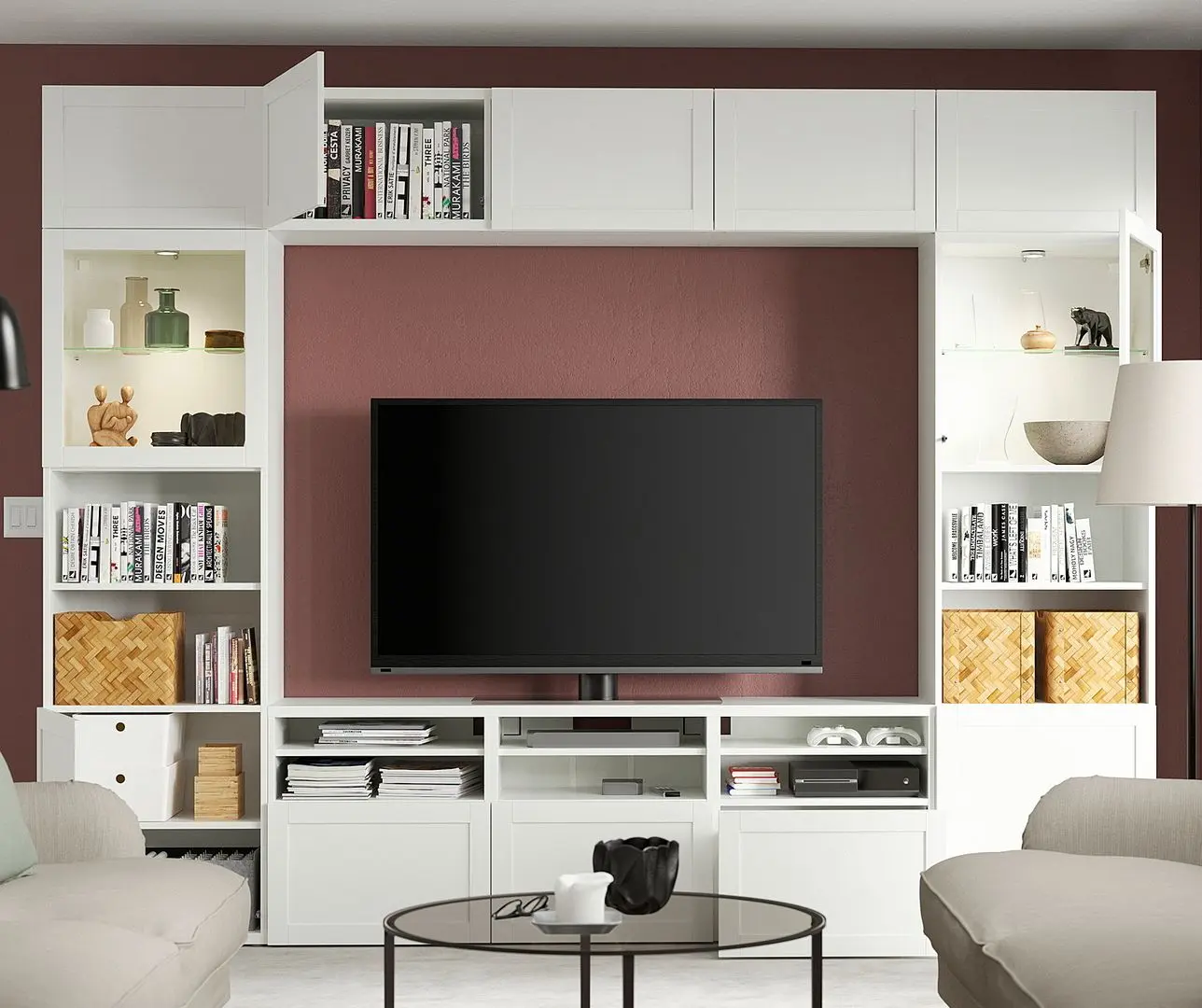 Living Ikea Besta/Hanviken sticla/glisiera sertar cu sistem apasare 300x42x231 (Alb)