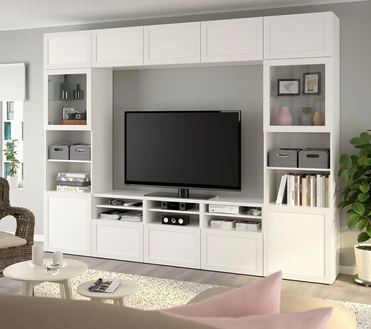 Living Ikea Besta/Hanviken sticla/glisiera sertar cu sistem apasare 300x42x231 (Alb)