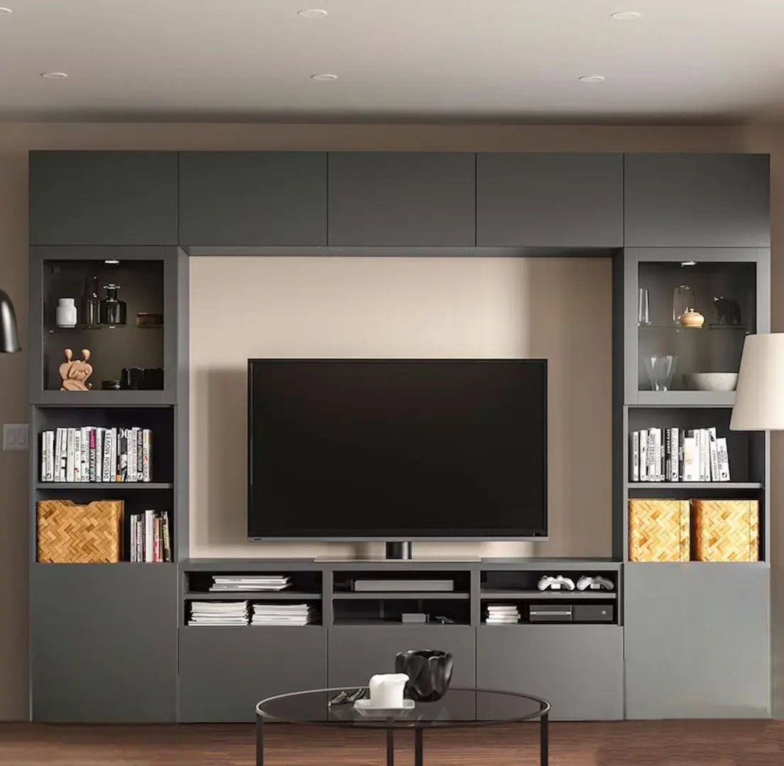 Living Ikea Besta/Lappviken/Sindvik usi sticla/sina sertar inchidere lina 300x42x231 (Gri Inchis)