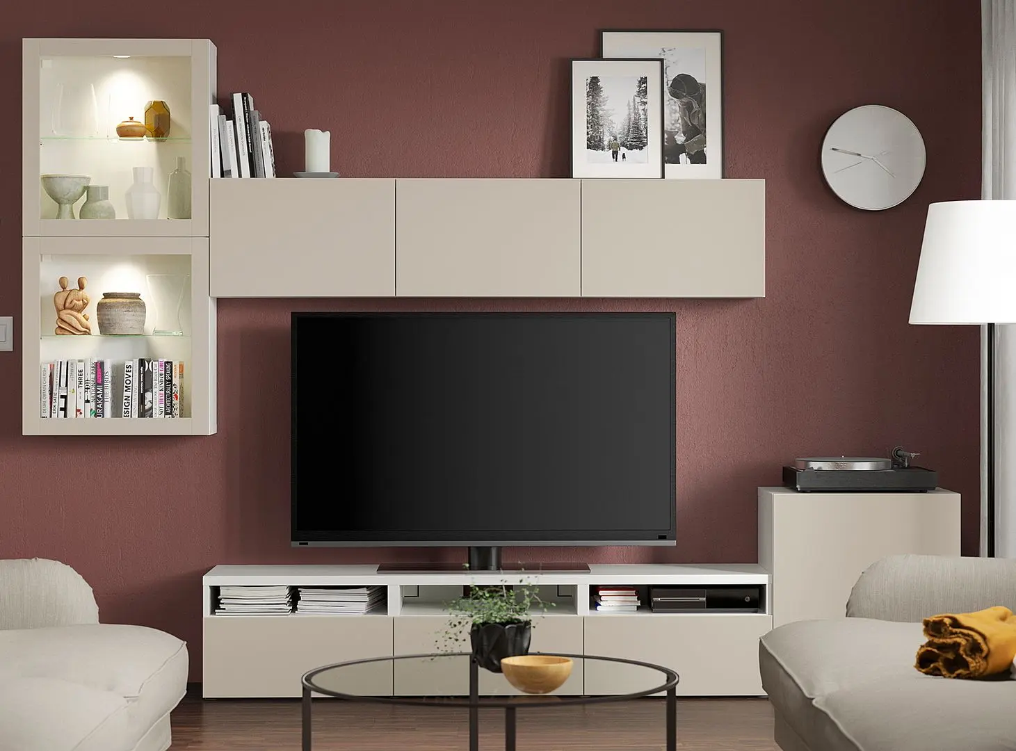 Living Ikea Besta/Lappviken sticla/sina sertar cu inchidere lina 300x42x211 (Alb/Gri-bej deschis)