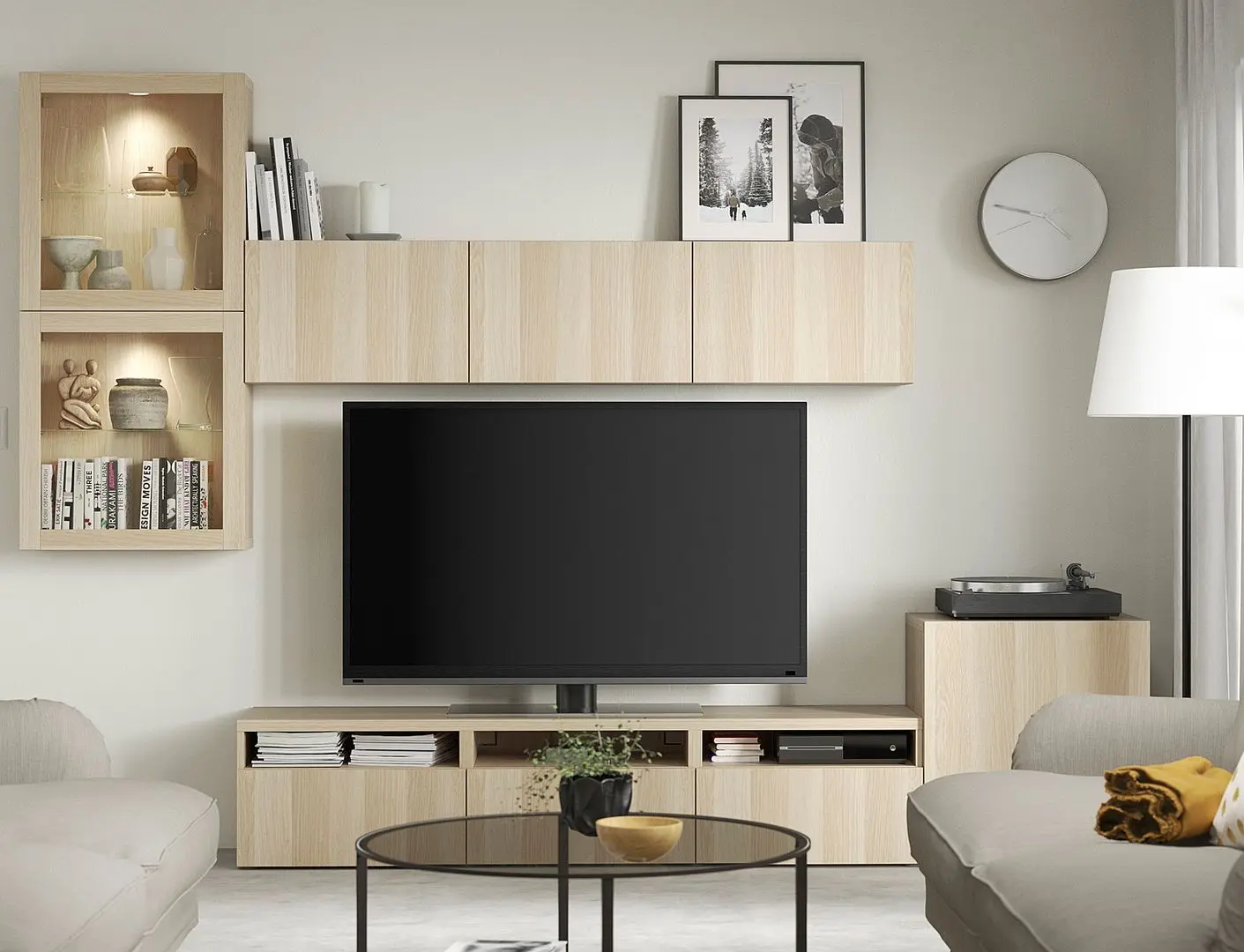 Гостиная Ikea Besta/Lappviken стекло/ящик с плавно-закрывающимися направляющими 300x42x211 (Имитация состаренного дуба/Имитация белого дуба)