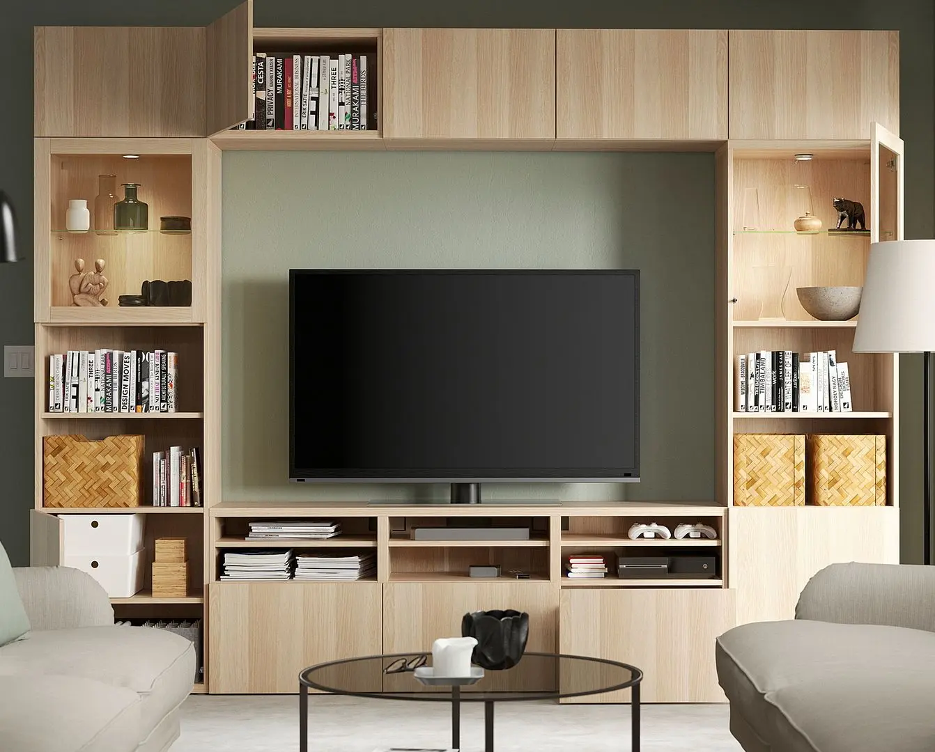 Living Ikea Besta/Lappviken sticla/sina sertar cu inchidere lina 300x42x231 (Aspect stejar antichizat/Aspect stejar alb) - 8