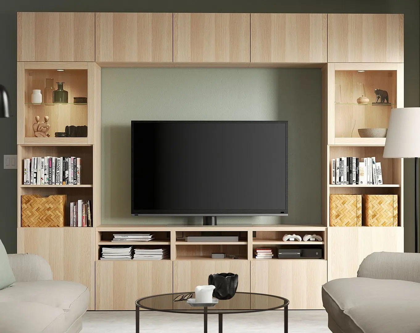 Living Ikea Besta/Lappviken sticla/sina sertar cu inchidere lina 300x42x231 (Aspect stejar antichizat/Aspect stejar alb)