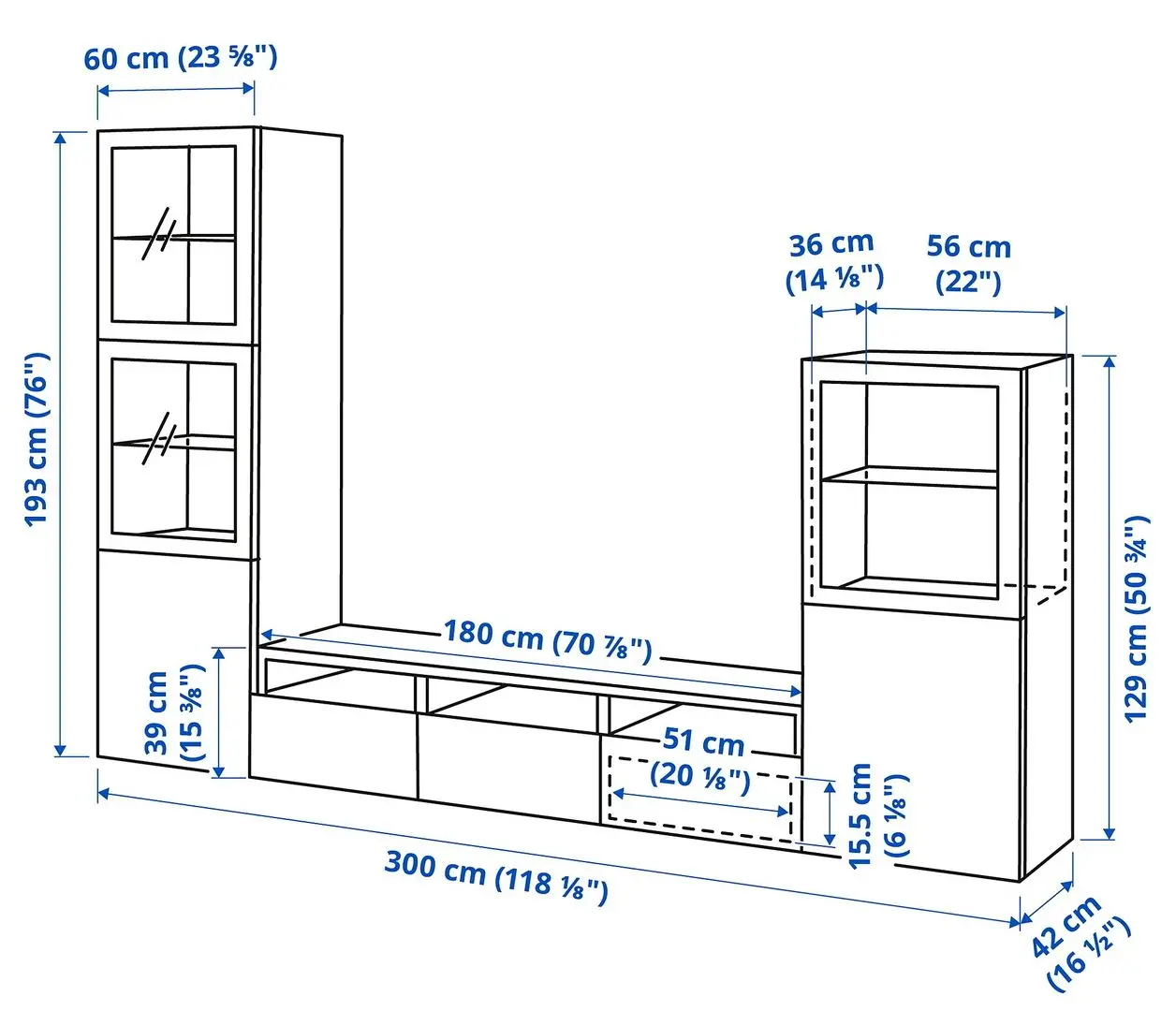 Гостиная Ikea Besta плавно-закрывающиеся направляющие 300x42x193 (Белый Глассвик/Сельсвикен Светло-серо-голубой) - 8