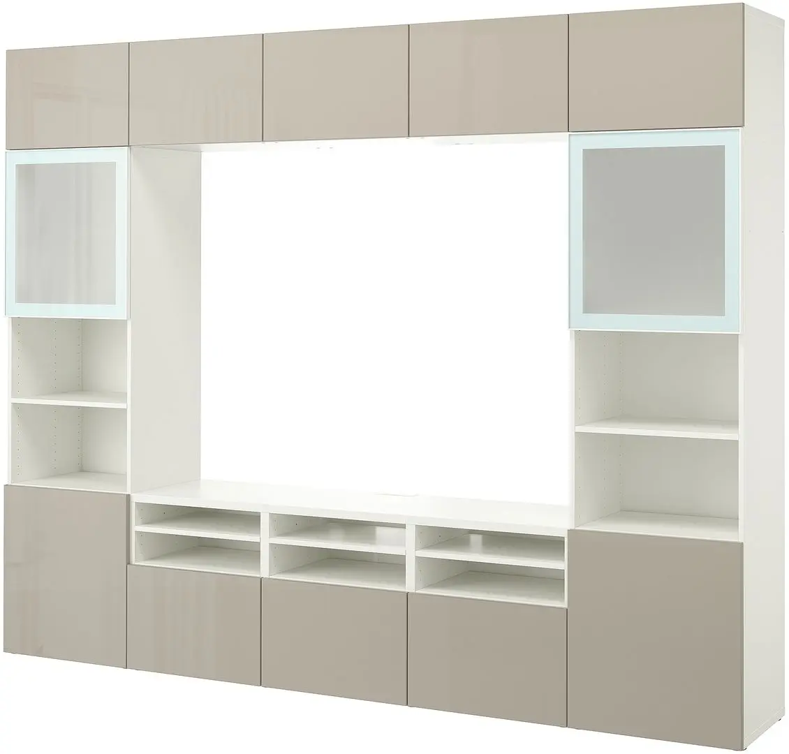 Living Ikea Besta/Selsviken sticla mata/glisiera sertar cu sistem apasare 300x42x231 (Alb lucios/Bej) - 2
