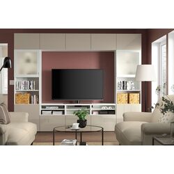 Living Ikea Besta/Selsviken sticla mata/glisiera sertar cu sistem apasare 300x42x231 (Alb lucios/Bej) Thumb