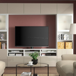 Гостиная Ikea Besta/Selsviken матовое стекло/ящик c нажимными направляющими 300x42x231 (Глянцевый белый/Бежевый)