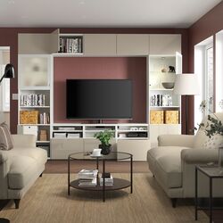 Living Ikea Besta/Selsviken sticla mata/glisiera sertar cu sistem apasare 300x42x231 (Alb lucios/Bej) Thumb