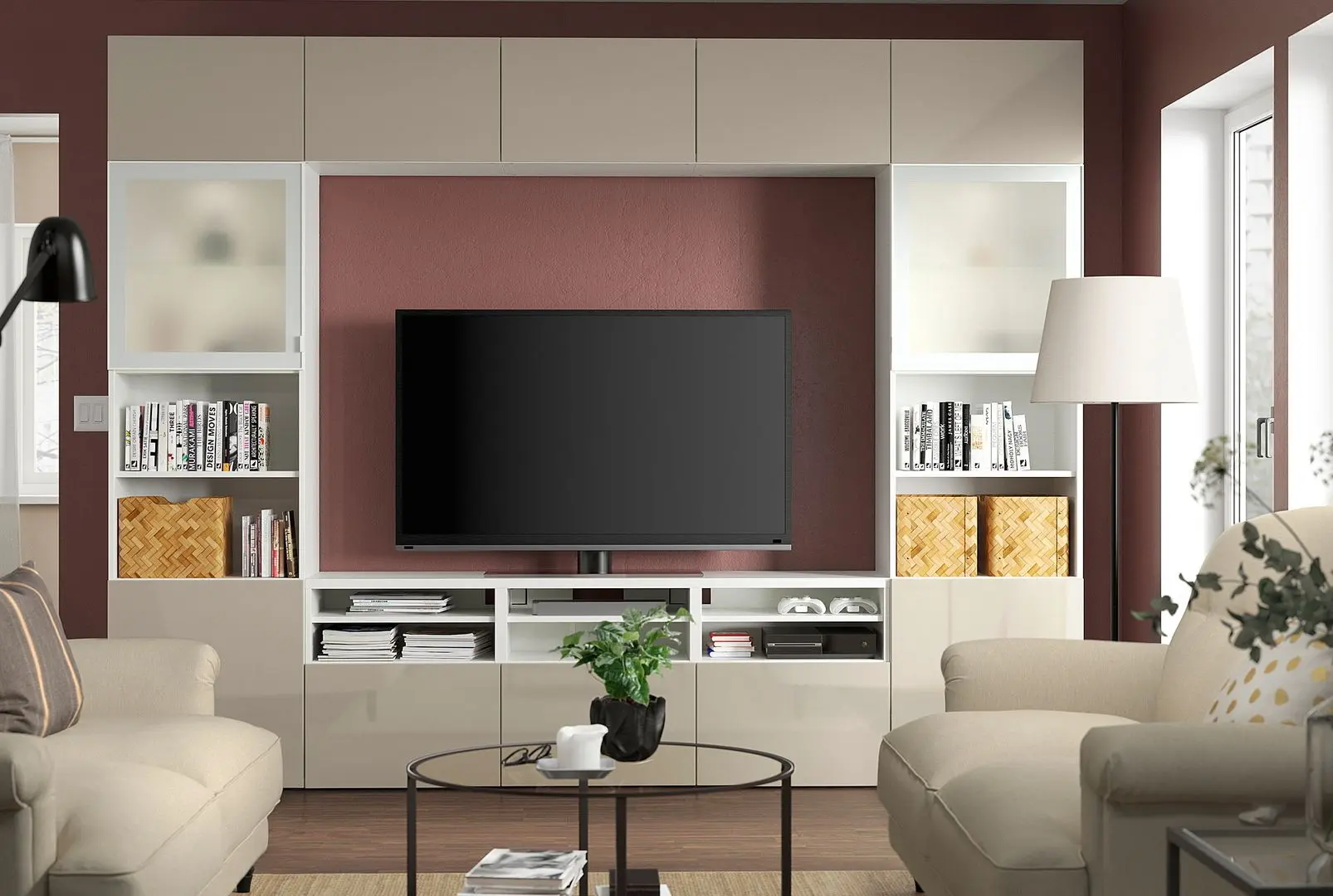 Living Ikea Besta/Selsviken sticla mata/glisiera sertar cu sistem apasare 300x42x231 (Alb lucios/Bej)