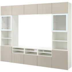 Living Ikea Besta/Selsviken sticla transparenta/glisiera sertar cu sistem apasare 300x42x231 (Alb lucios/Bej) Thumb