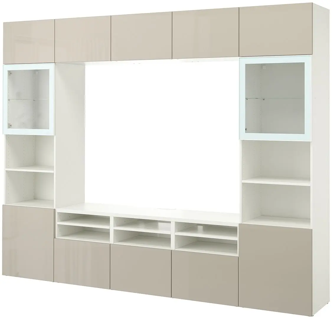 Living Ikea Besta/Selsviken sticla transparenta/glisiera sertar cu sistem apasare 300x42x231 (Alb lucios/Bej)