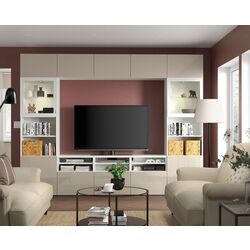 Living Ikea Besta/Selsviken sticla transparenta/glisiera sertar cu sistem apasare 300x42x231 (Alb lucios/Bej) Thumb