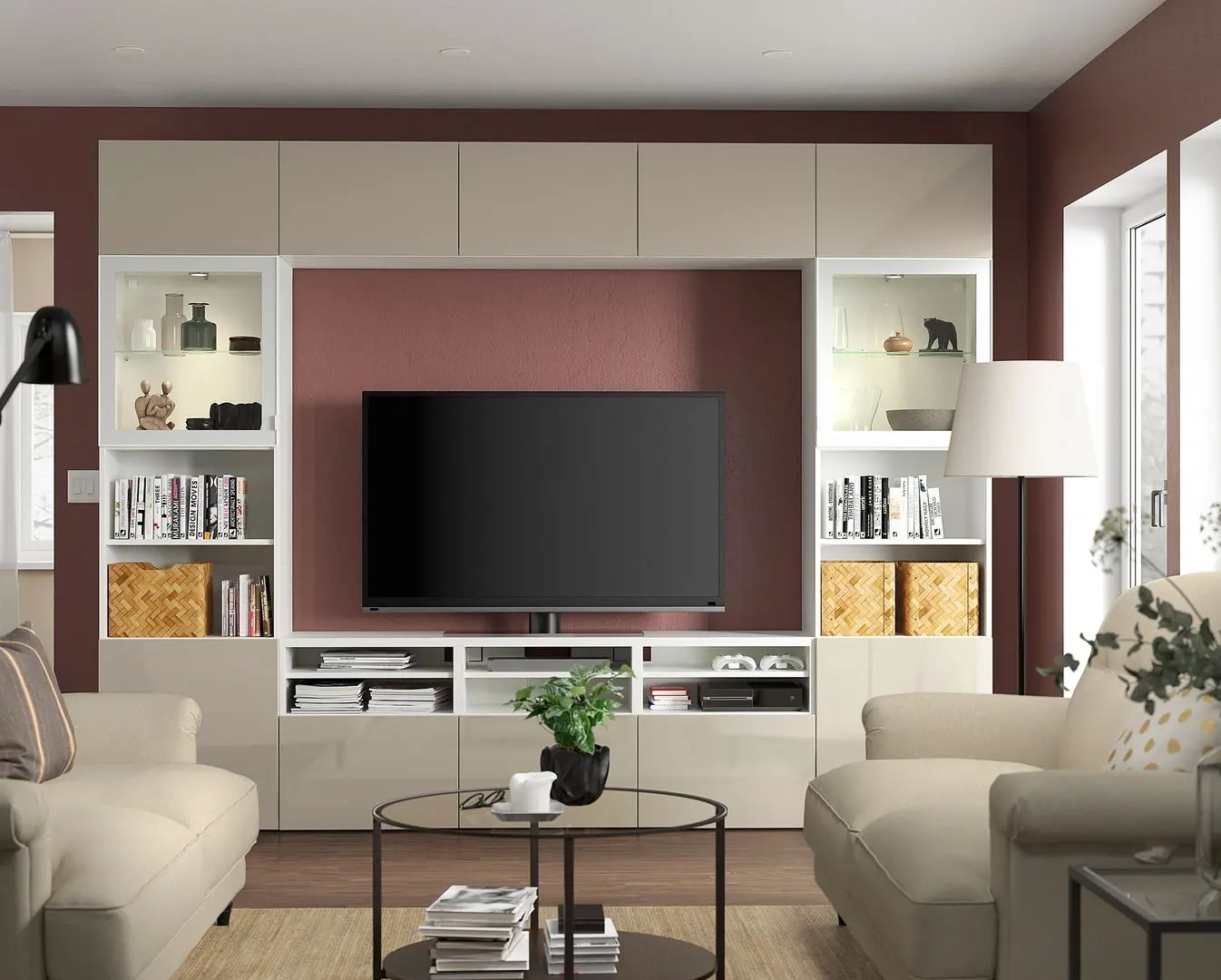 Living Ikea Besta/Selsviken sticla transparenta/glisiera sertar cu sistem apasare 300x42x231 (Alb lucios/Bej)