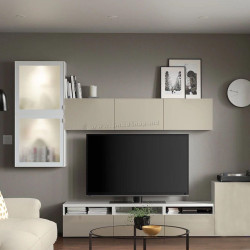 Living Ikea Besta/Selsviken usi sticla/sticla mata/deschidere apasare 300x42x211 (Alb Lucios/Alb)