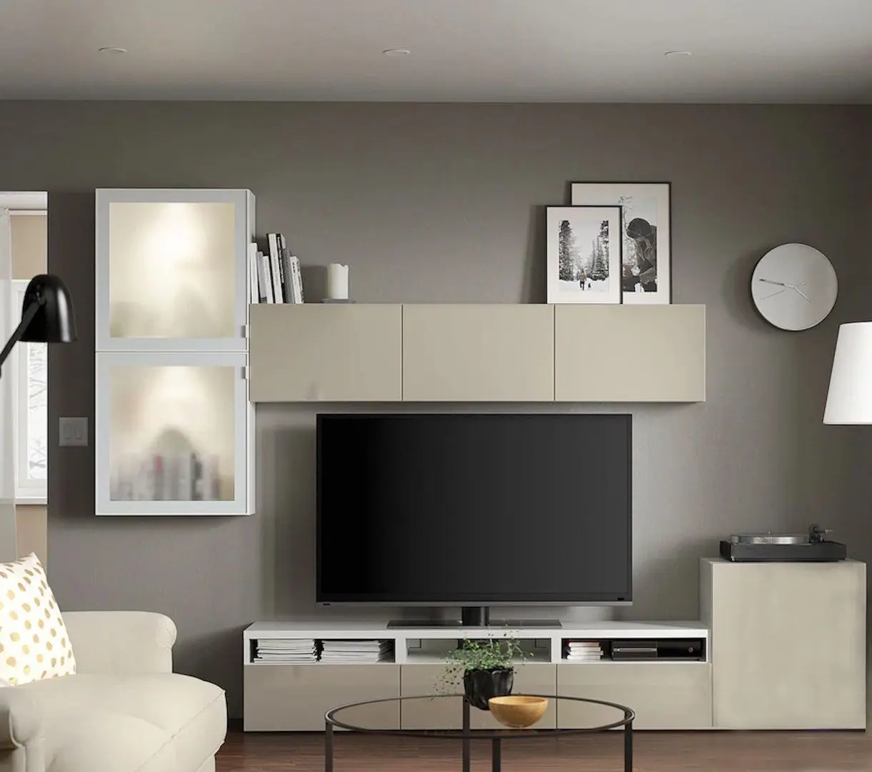 Гостиная Ikea Besta/Selsviken стеклянные дверцы/матовое стекло/нажимные направляющие 300x42x211 (Белый Глянцевый/Белый)