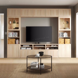 Living Ikea Besta/Sindvik/Hanviken usi sticla/sticla transparenta/deschidere apasare 300x42x231 (Aspect Stejar Antichizat/Aspect Stejar Alb)