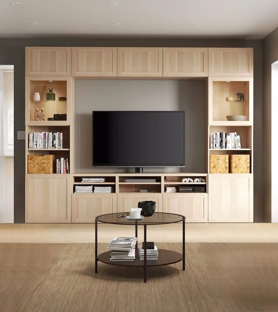 Гостиная Ikea Besta/Sindvik/Hanviken стеклянные дверцы/прозрачное стекло/нажимные направляющие 300x42x231 (Имитация Состаренного Дуба/Имитация Беленого Дуба)