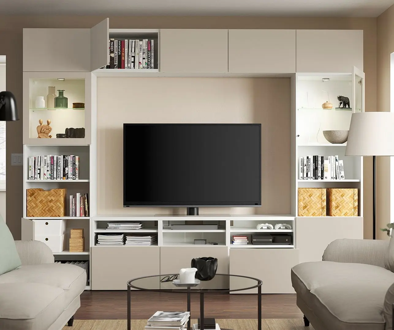 Гостиная Ikea Besta/Sindvik/Lappviken стекло/ящик с плавно-закрывающимися направляющими 300x42x231 (Белый/Светлый серо-бежевый) - 7