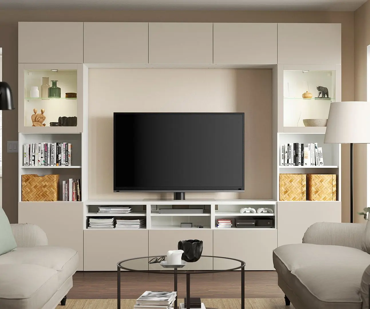 Гостиная Ikea Besta/Sindvik/Lappviken стекло/ящик с плавно-закрывающимися направляющими 300x42x231 (Белый/Светлый серо-бежевый)