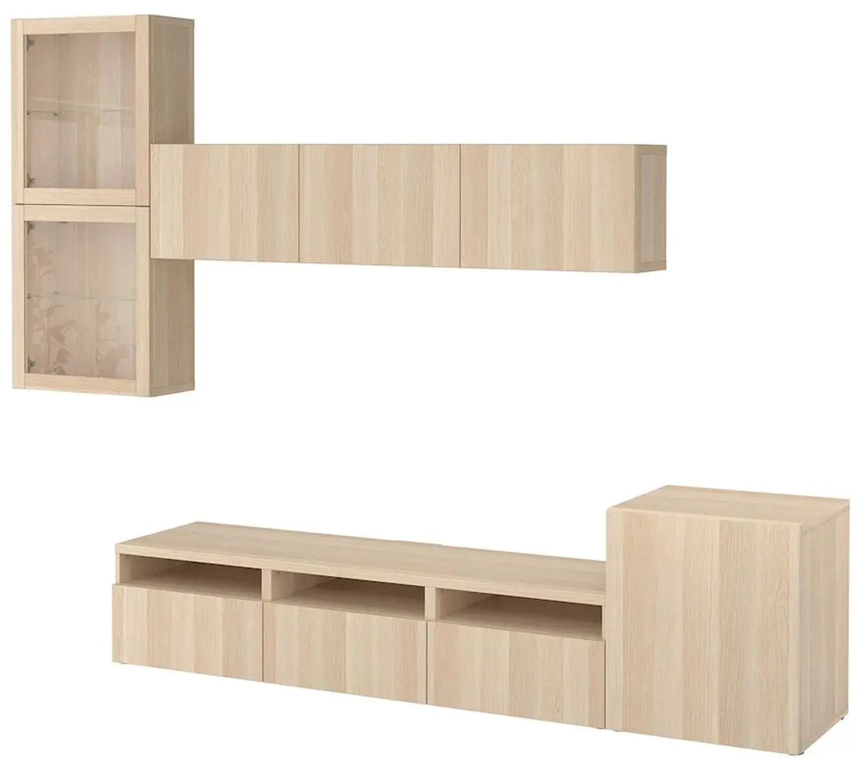 Гостиная Ikea Besta стеклянные дверцы 300x42x211 (Под Беленый Дуб/Лаппвикен Белый Мореный Дуб)