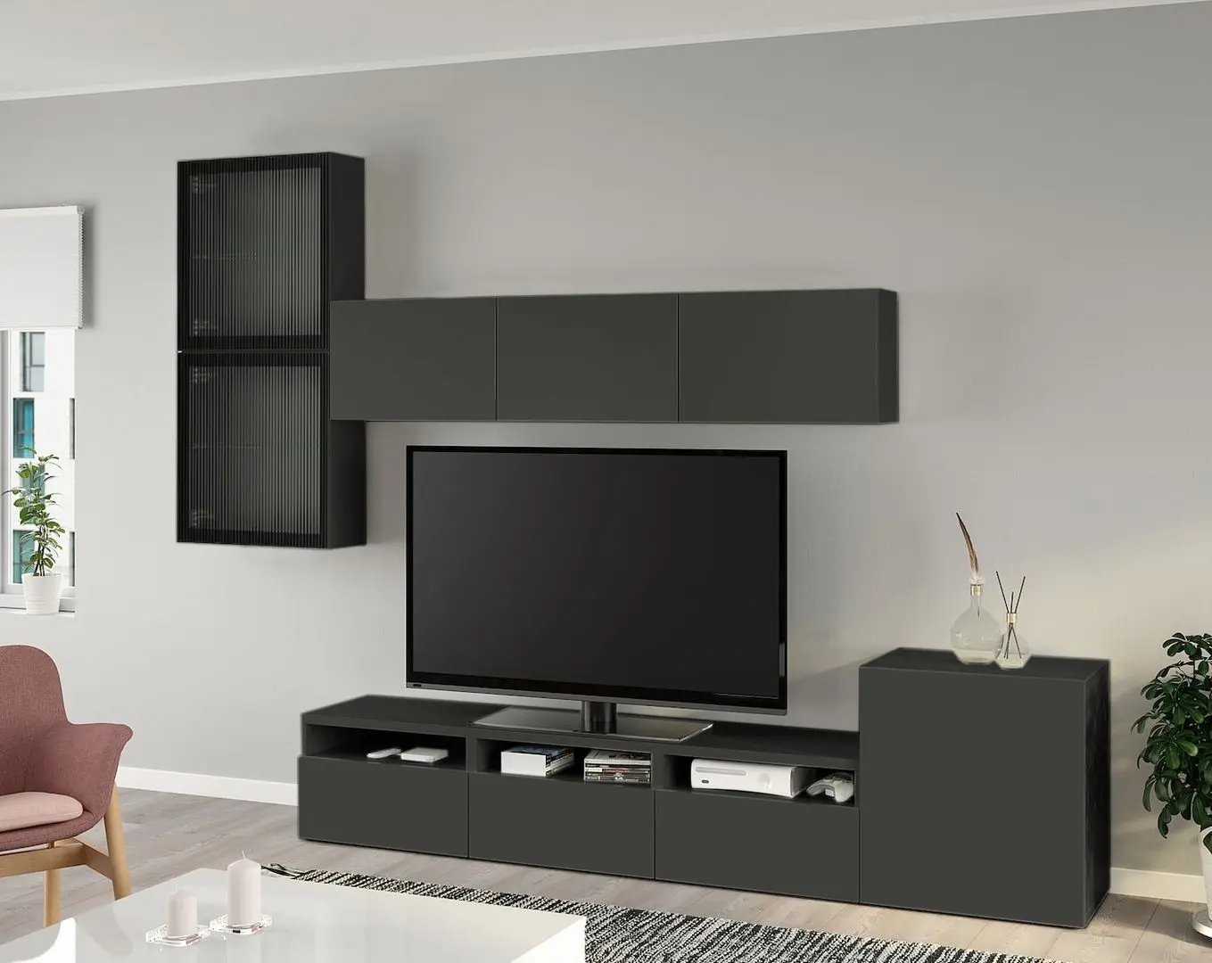 Living Ikea Besta usi sticla/deschidere apăsare 300x42x211 (Gri Inchis Lappviken/Fallsvik Antracit)