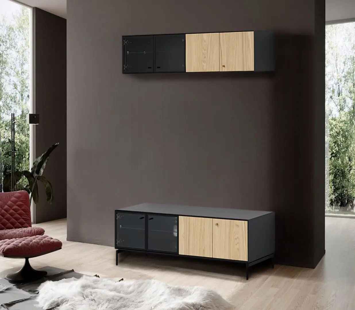 Living Ikea Boastad furnir 121x42 (Negru/Stejar)