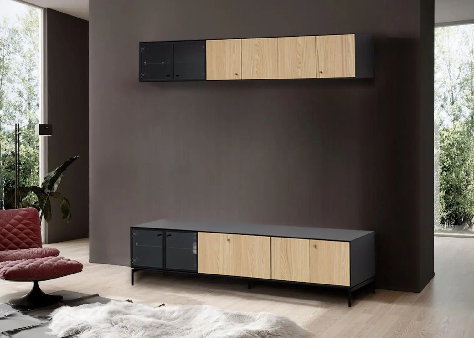 Living Ikea Boastad furnir 181x42 (Negru/Stejar)