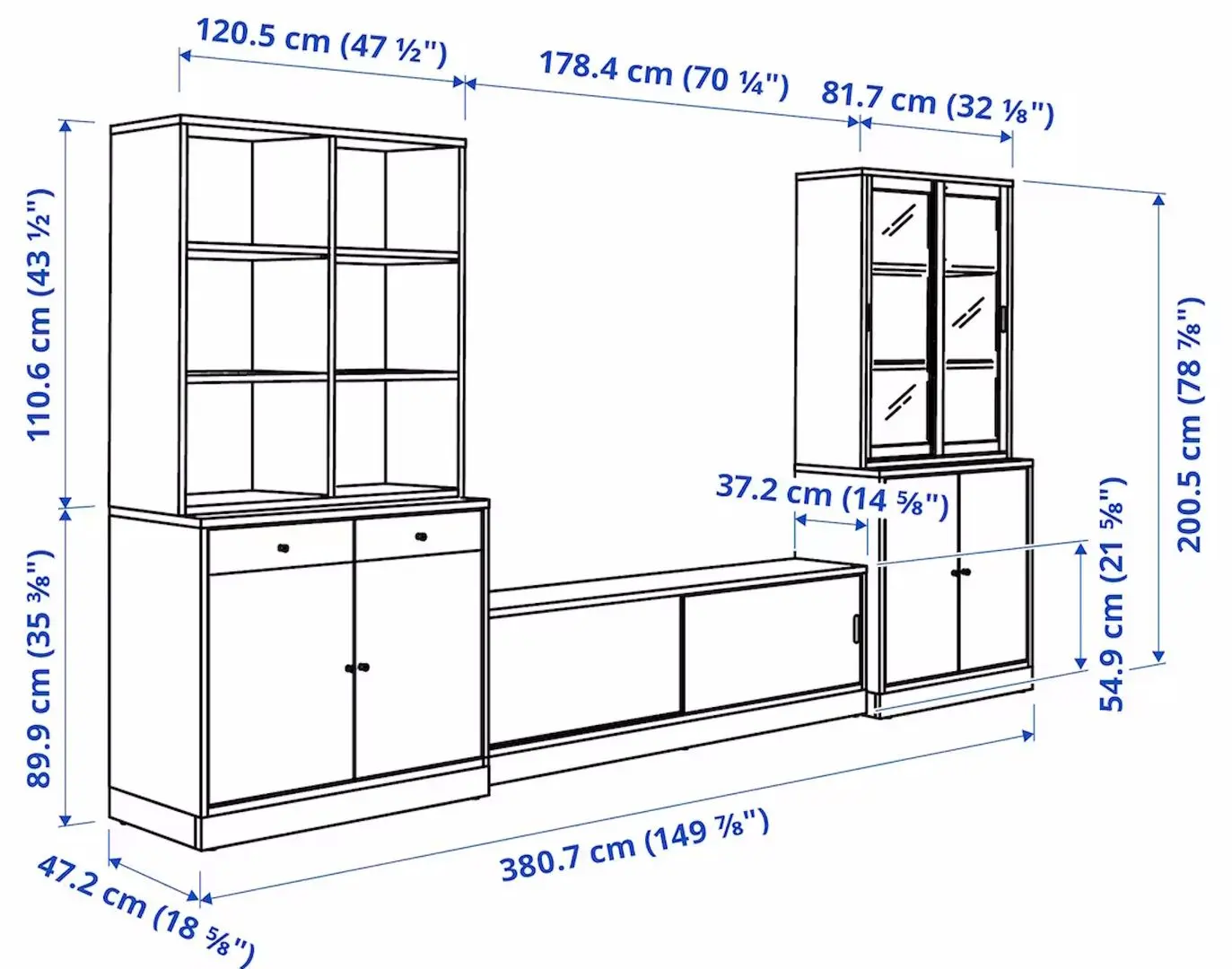 Гостиная Ikea Tonstad шпон/прозрачное стекло 381x47x201см (Дуб)