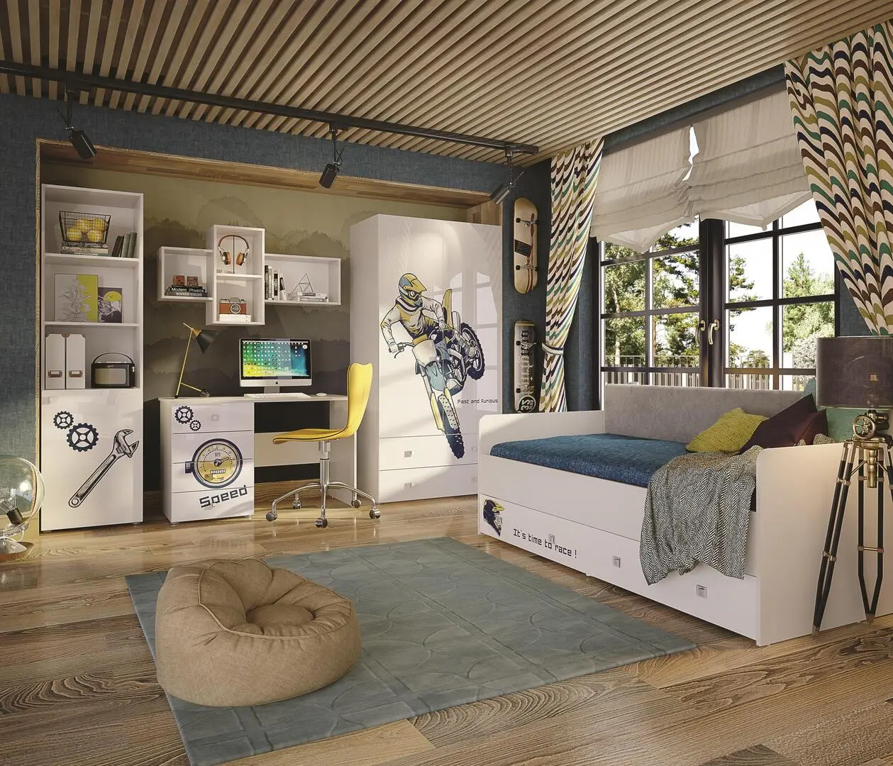 Masa de birou Tuckano Moto (White/White Gloss/Print)