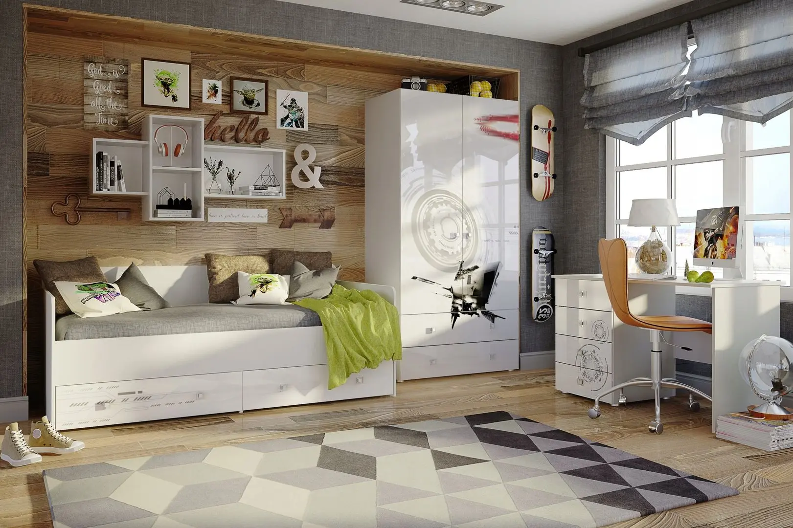 Masa de birou Tuckano Spaceship (White/White Gloss/Gear Print)