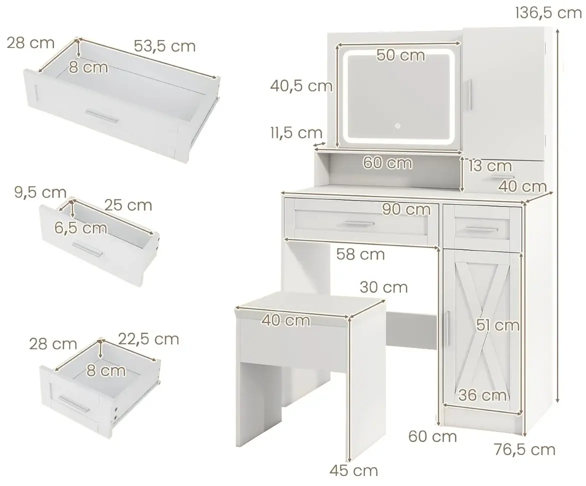Masa de toaleta Costway HU10852DE-WH+ (White)