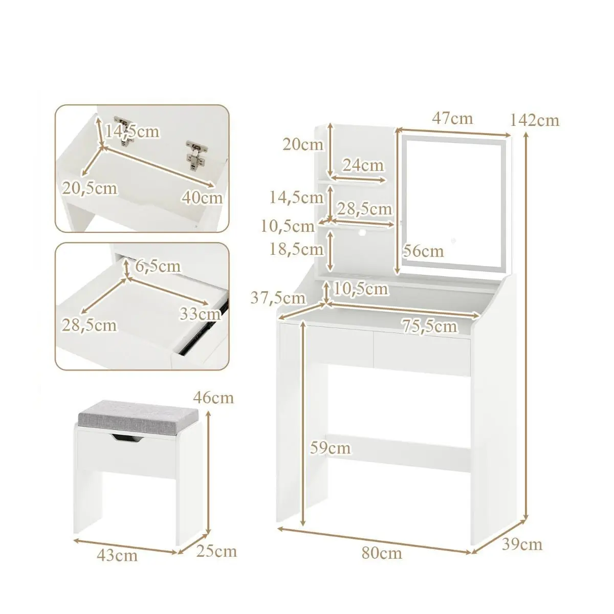 Masa de toaleta Costway HU11179DE-WH (White) - 3