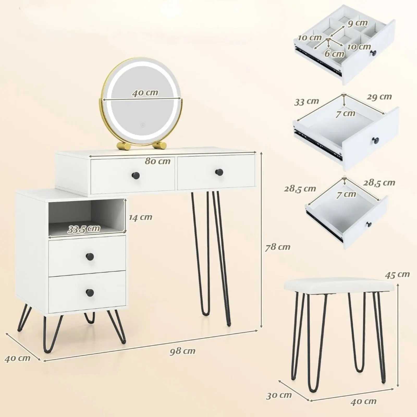Masa de toaleta Costway HU11200DE-WH (White) - 3
