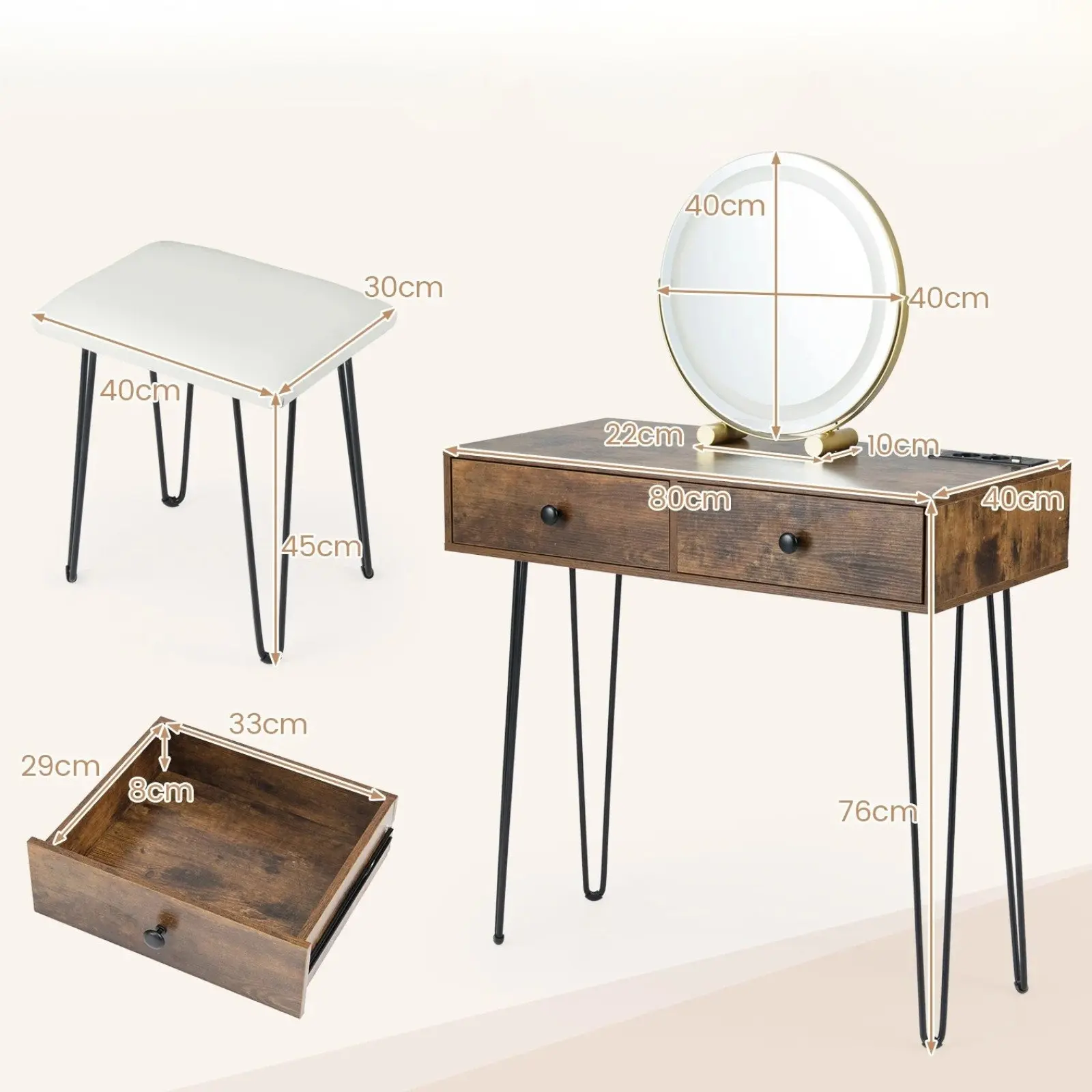 Masa de toaleta Costway HU11203DE-CF (Brown) - 3