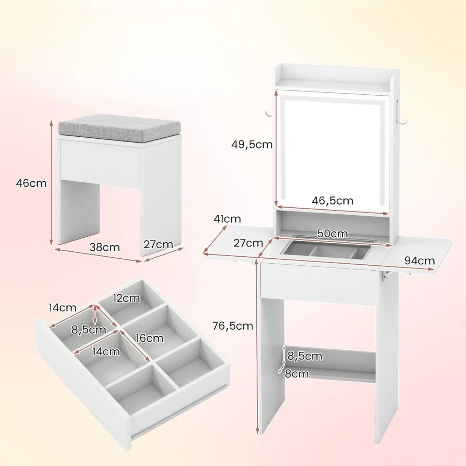 Masa de toaleta Costway HU11223DE-WH (White) - 3
